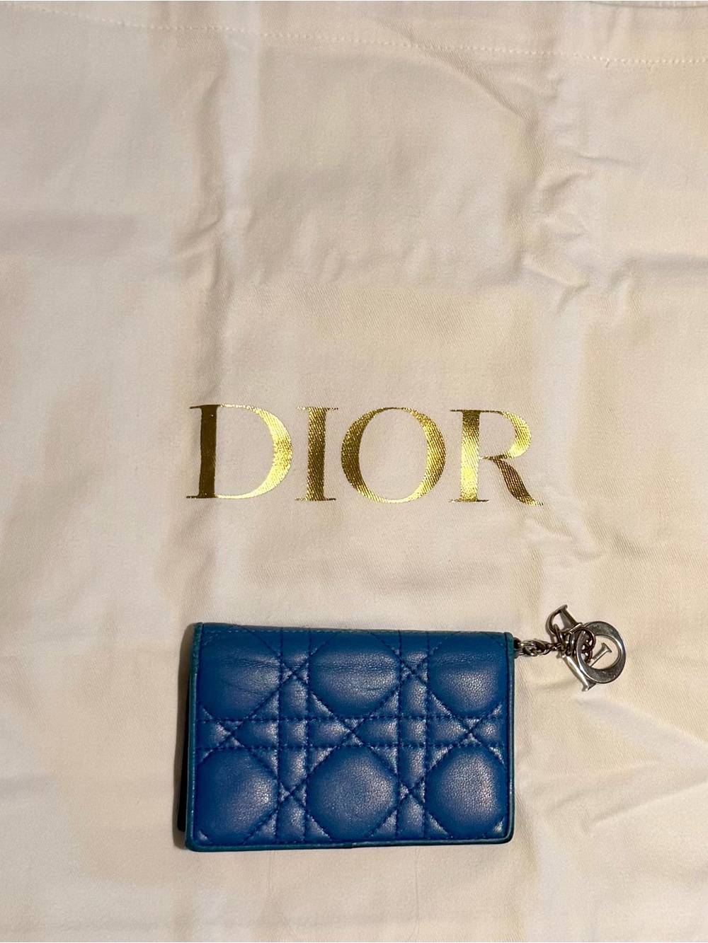 Dior Quilted Leather Card Holder with Charm - Dark Teal Blue